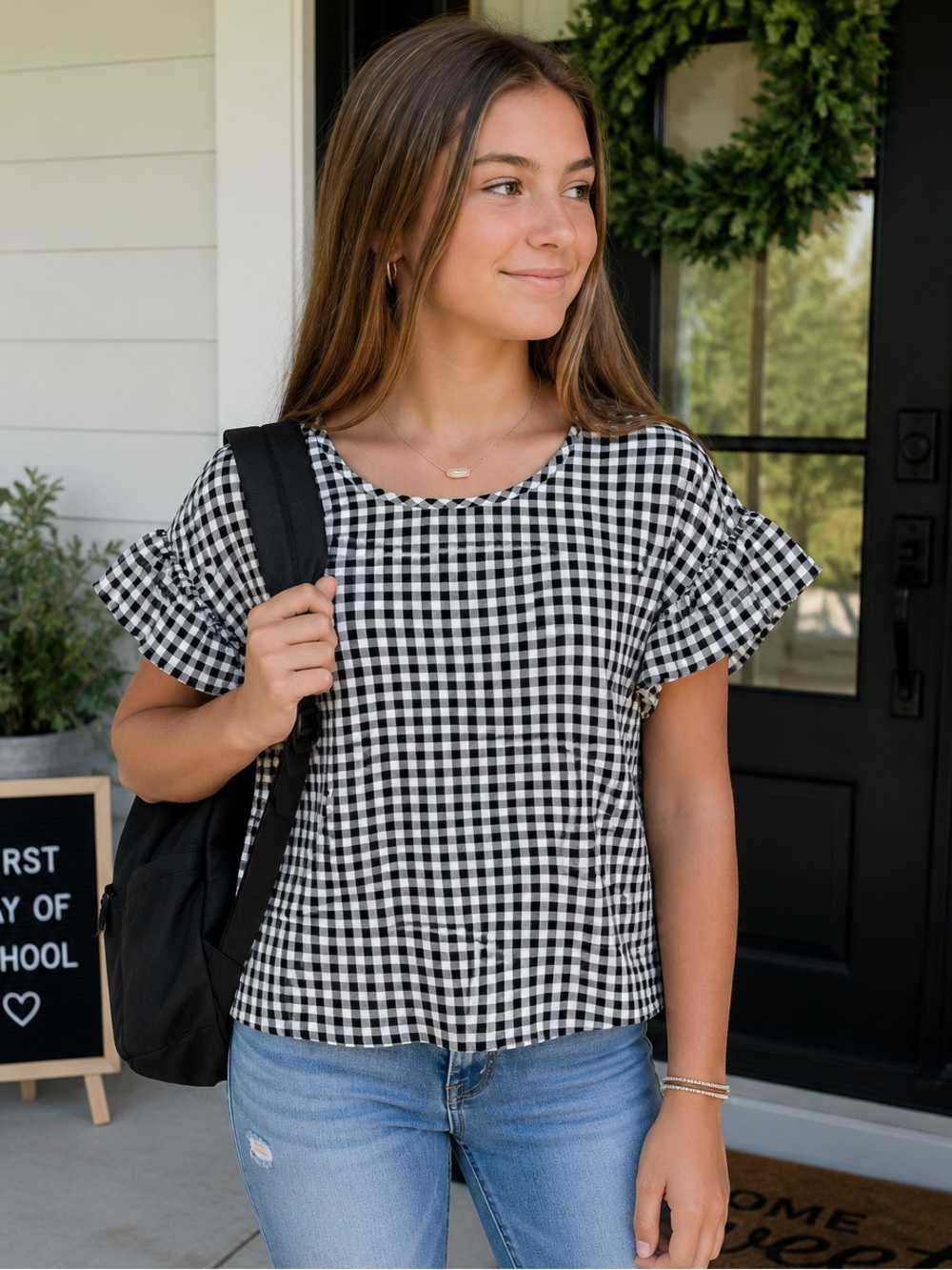 Truly Me by Sara Sara Black & White Gingham Flutter Sleeve Blouse Size Medium